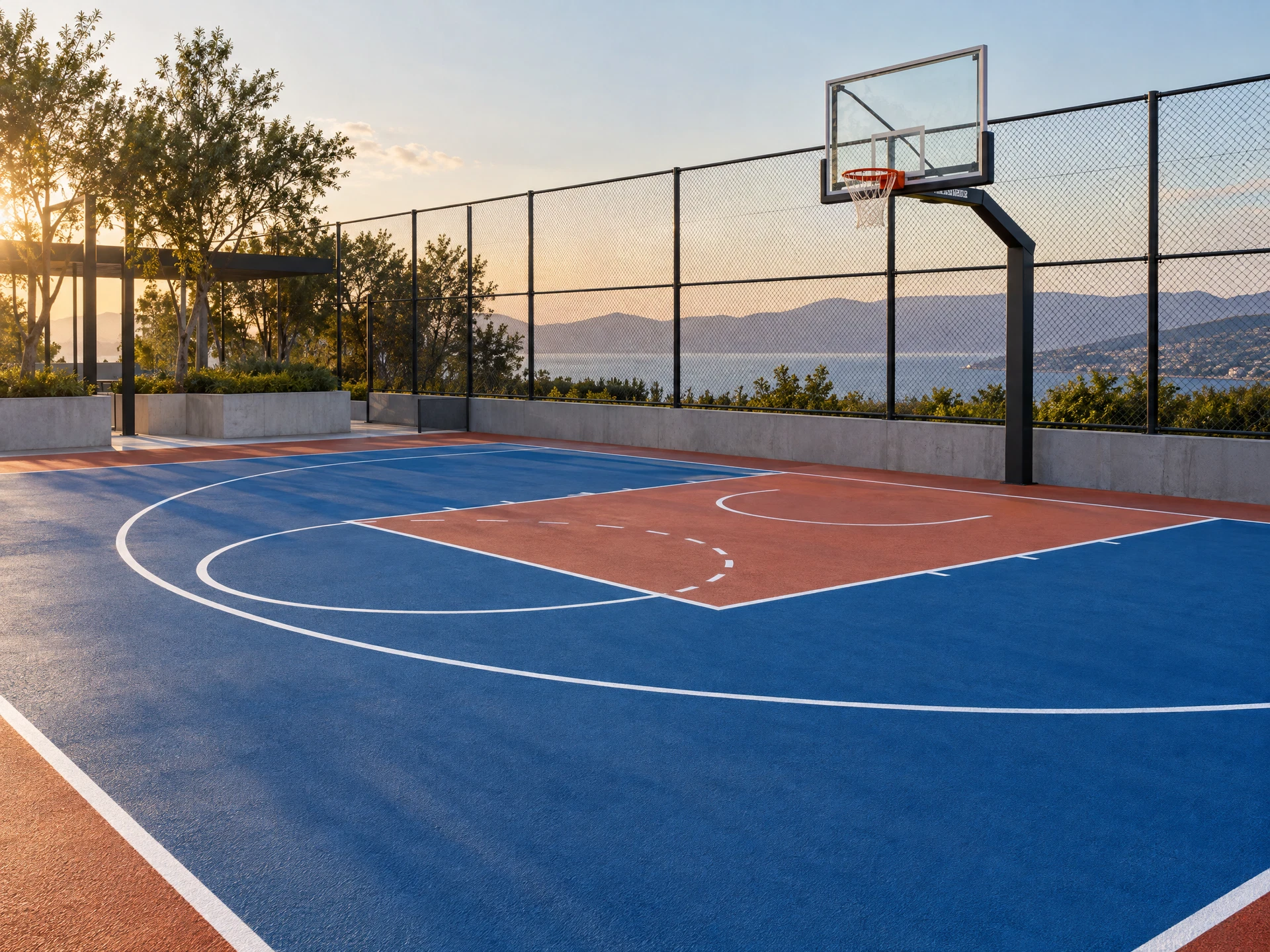 Mavi və terrakota rəngli akril örtük konseptli basketbol meydançası