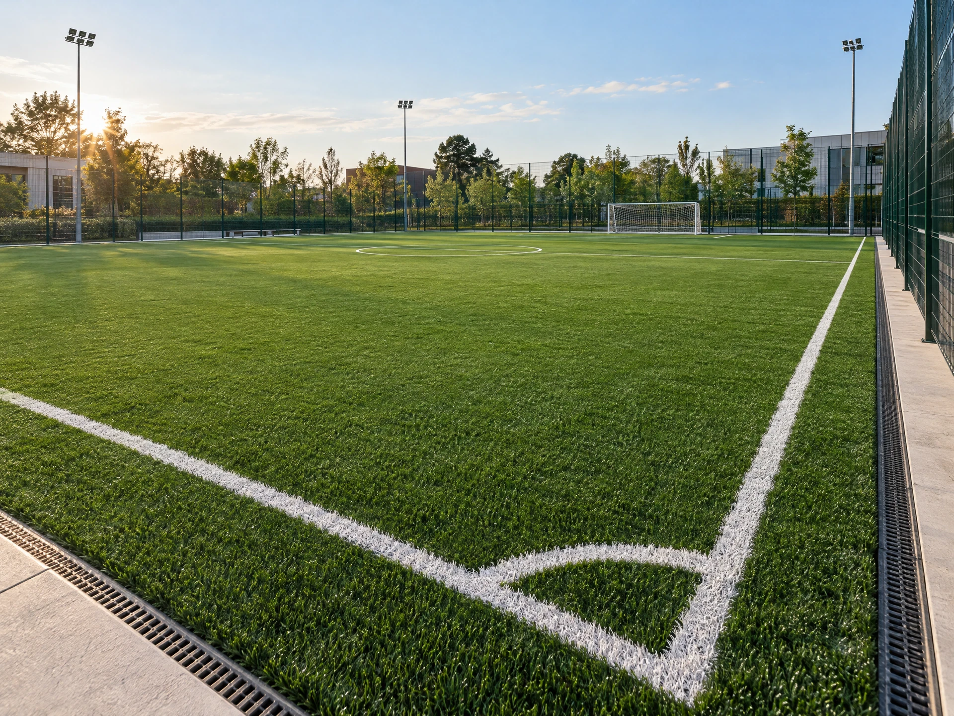 Xətləri və perimetr hasarı olan futbol meydançası konsepti